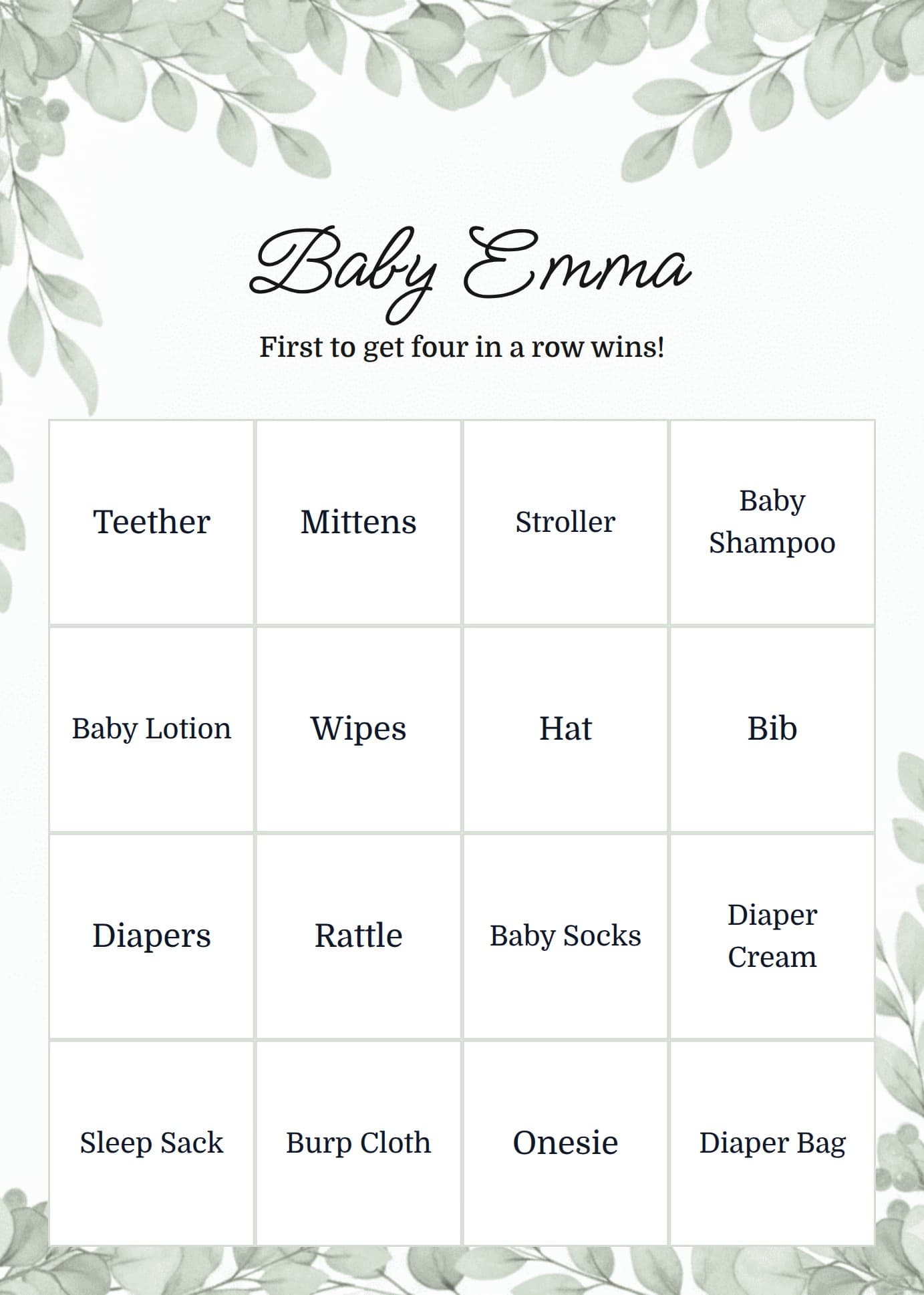 Botanical baby shower bingo card