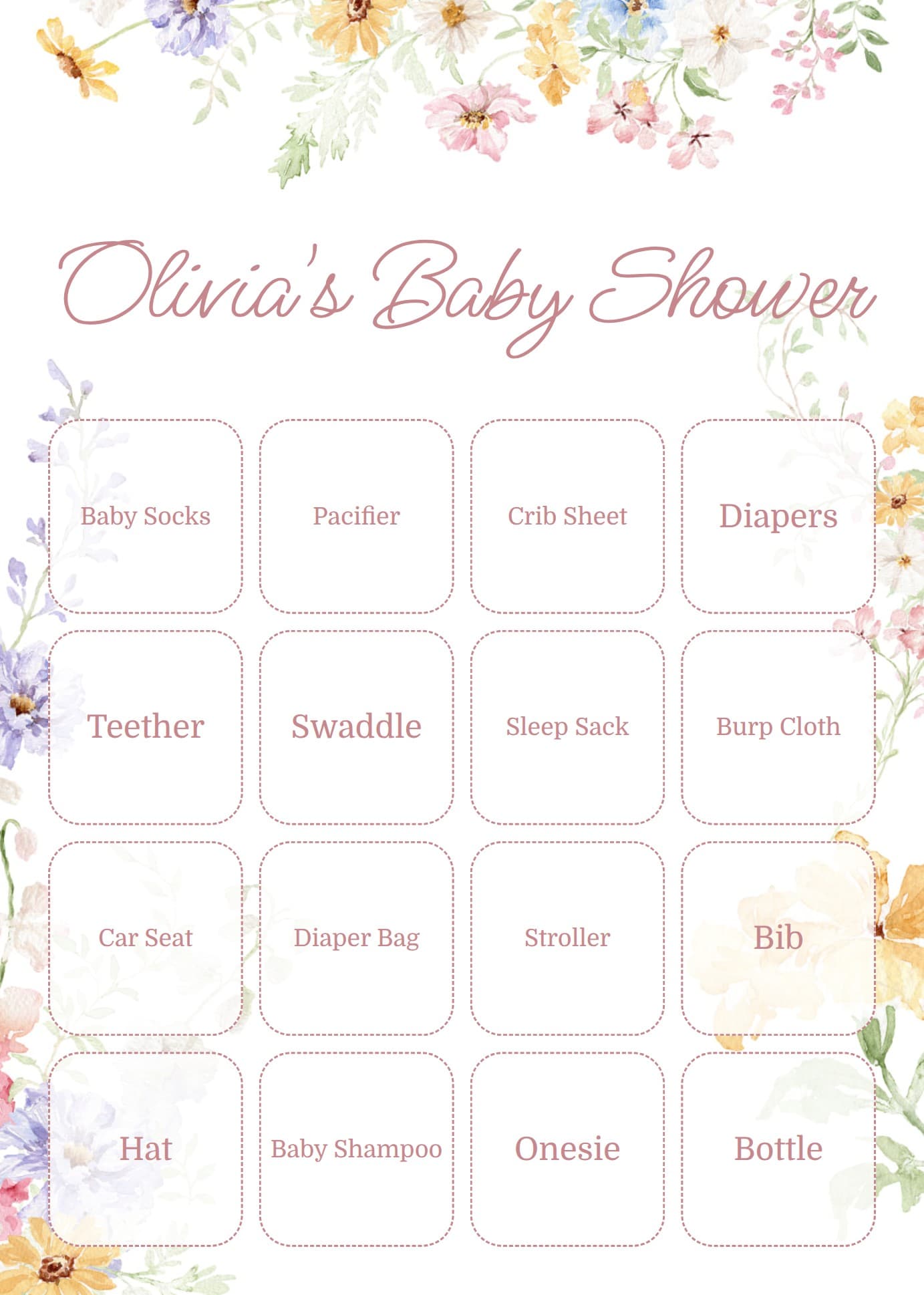 Floral baby shower bingo card