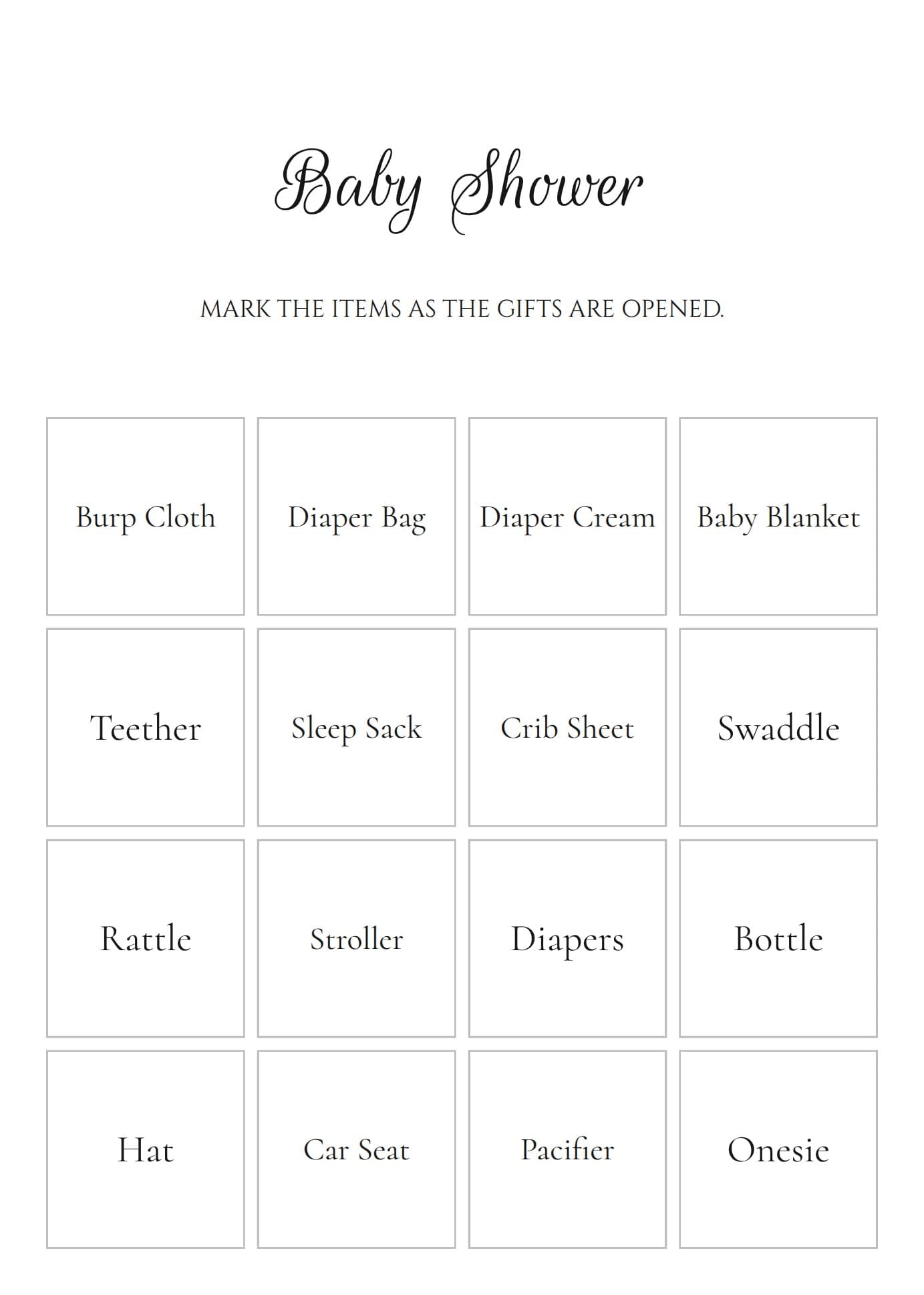 Modern baby shower bingo card