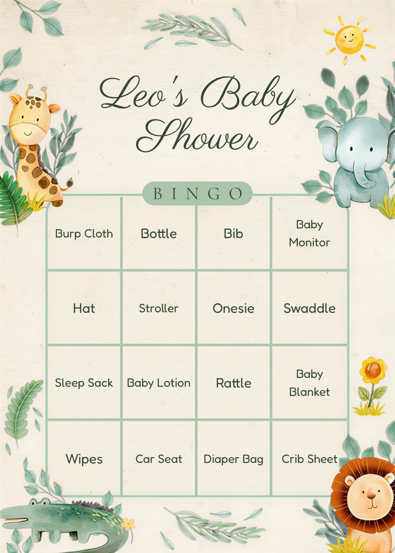 Safari baby shower bingo card