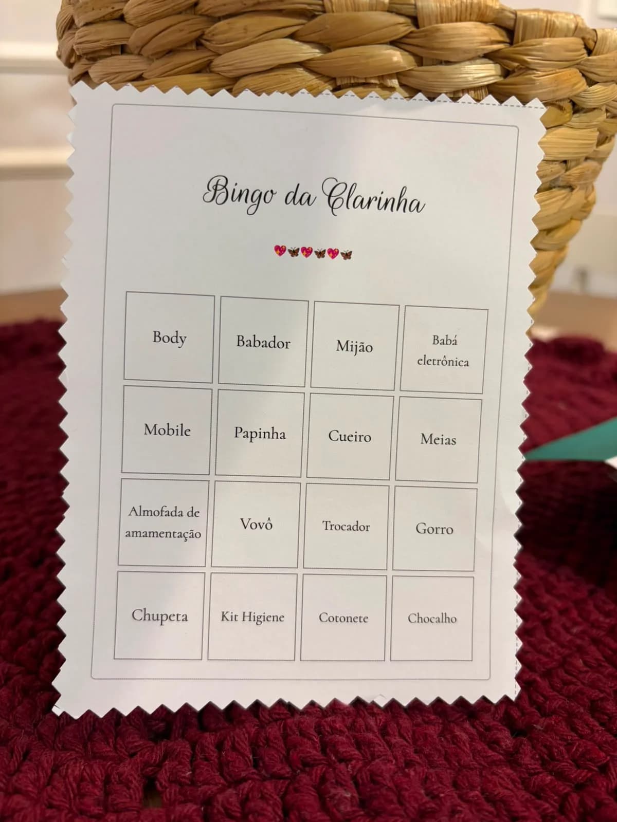 BabyBingo cards at Clarinha's baby shower, Modern theme
