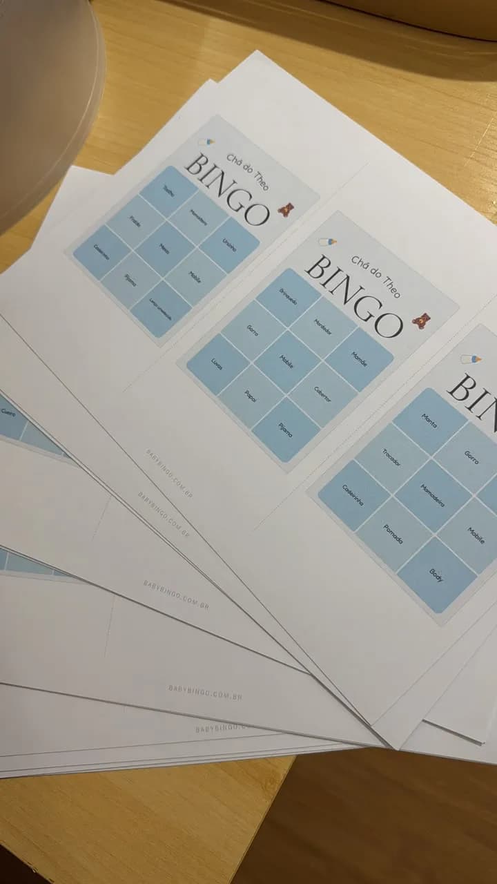 BabyBingo cards at Theo's baby shower, Classic Blue theme