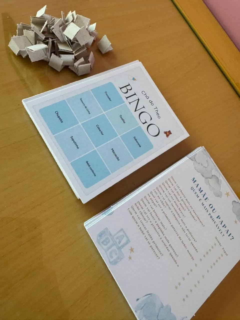 BabyBingo cards at Theo's baby shower, Classic Blue theme