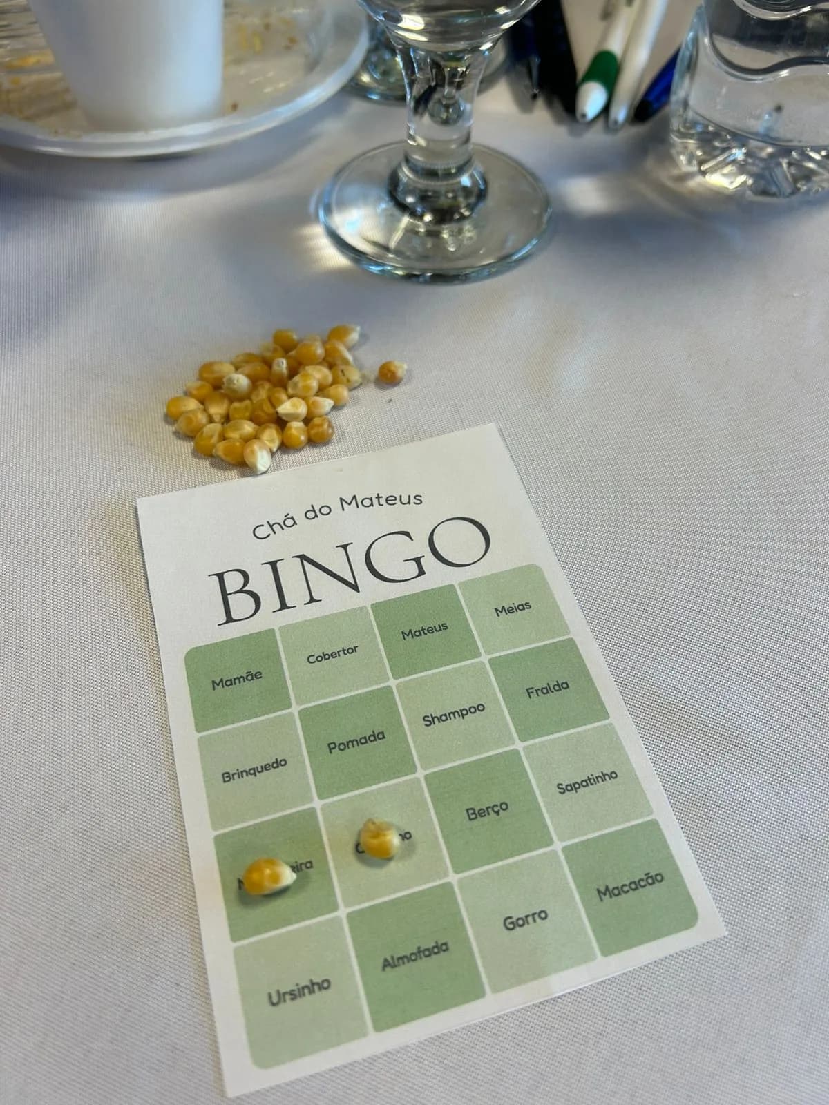 BabyBingo cards at Mateus's baby shower, Classic Green theme