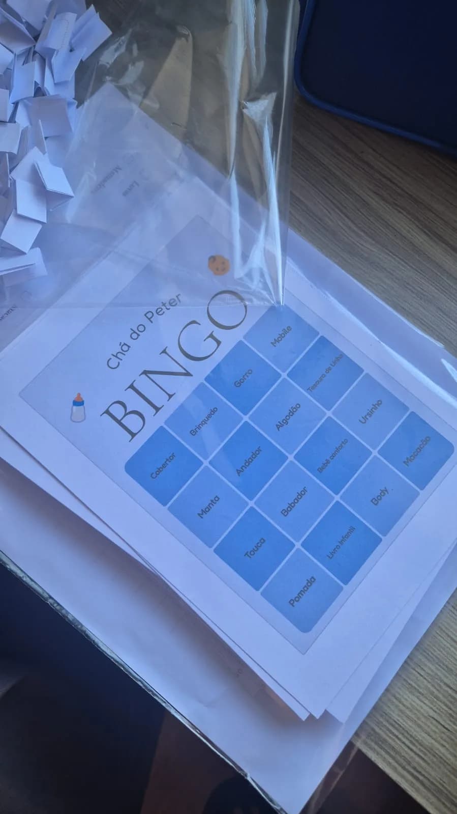 BabyBingo cards at Peter's baby shower, Classic Blue theme