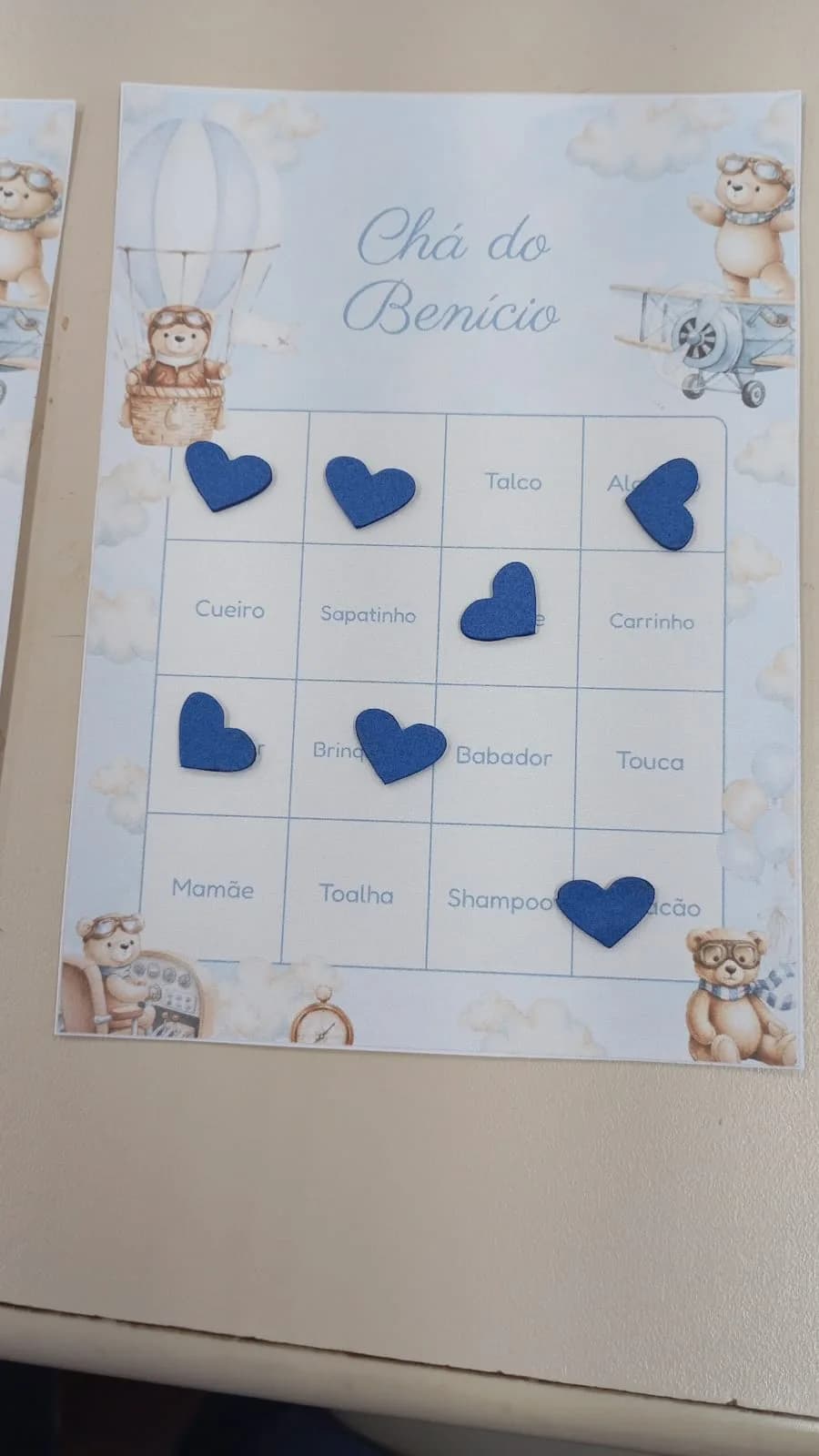 BabyBingo cards at Benício's baby shower, Teddy Bear theme