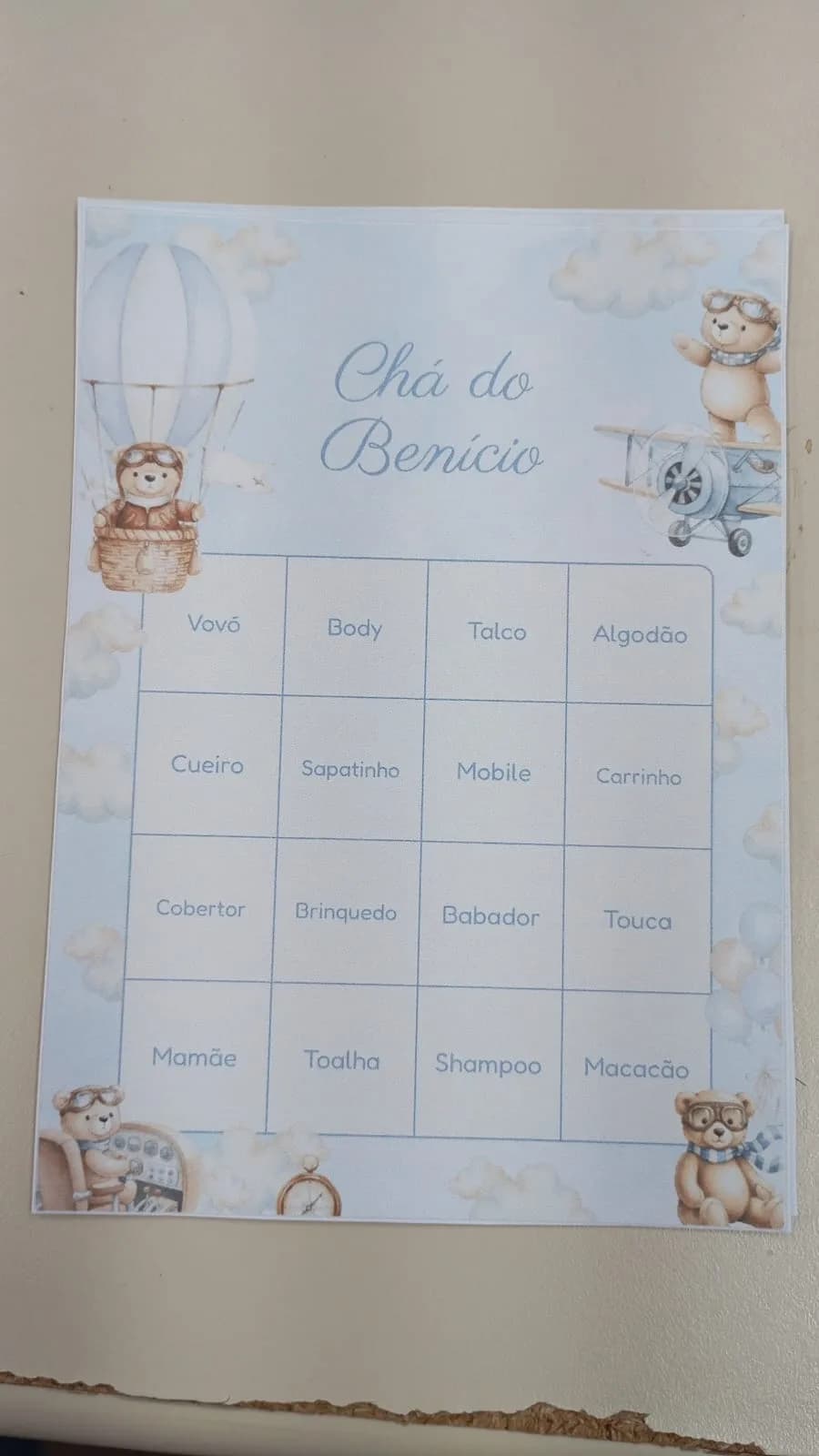 BabyBingo cards at Benício's baby shower, Teddy Bear theme