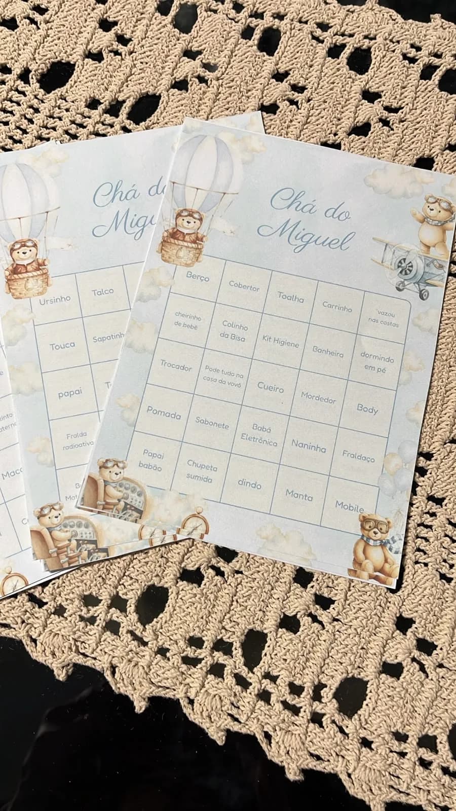 BabyBingo cards at Miguel's baby shower, Teddy Bear theme