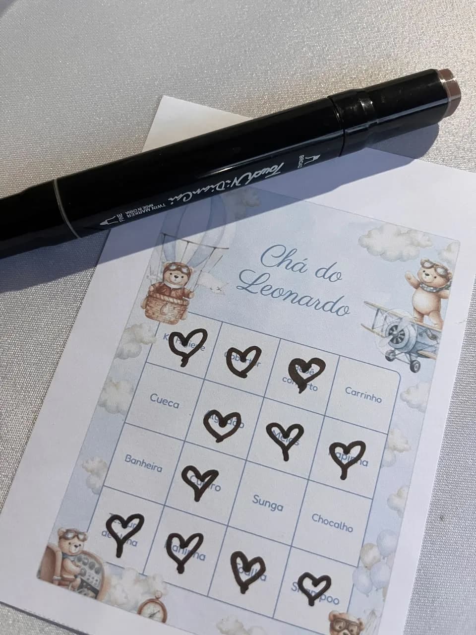 BabyBingo cards at Leonardo's baby shower, Teddy Bear theme