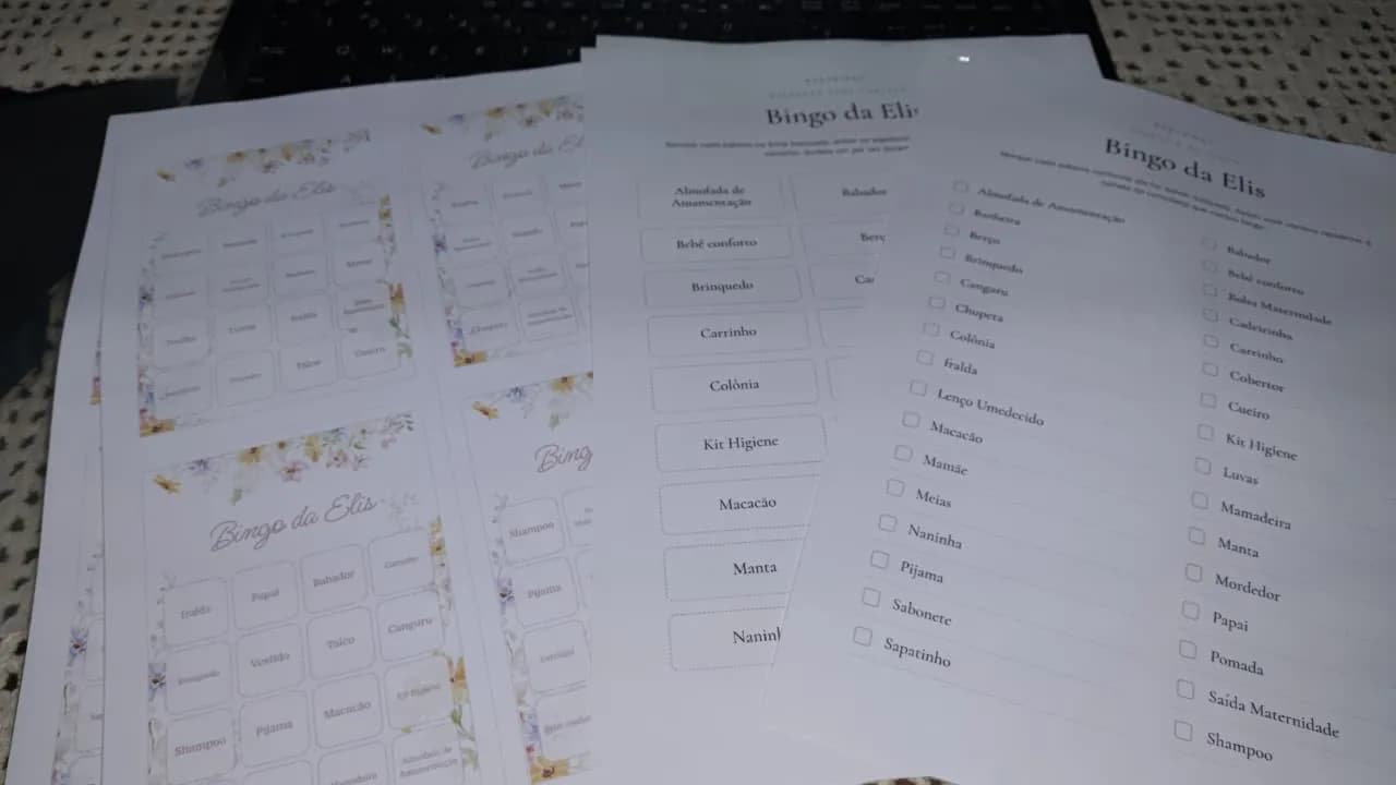 BabyBingo cards at Elis's baby shower, Floral theme