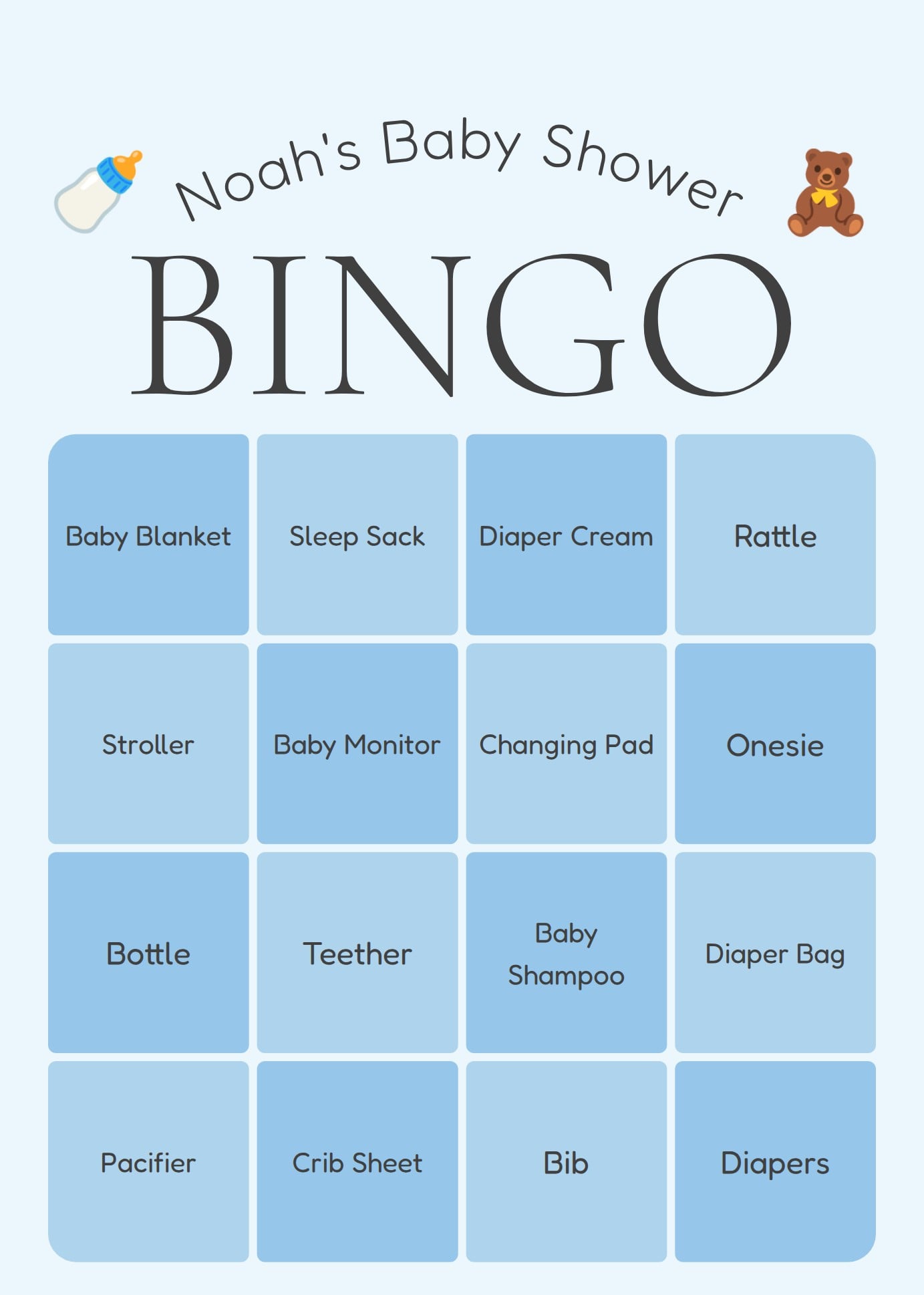 Classic baby shower bingo card with gift words