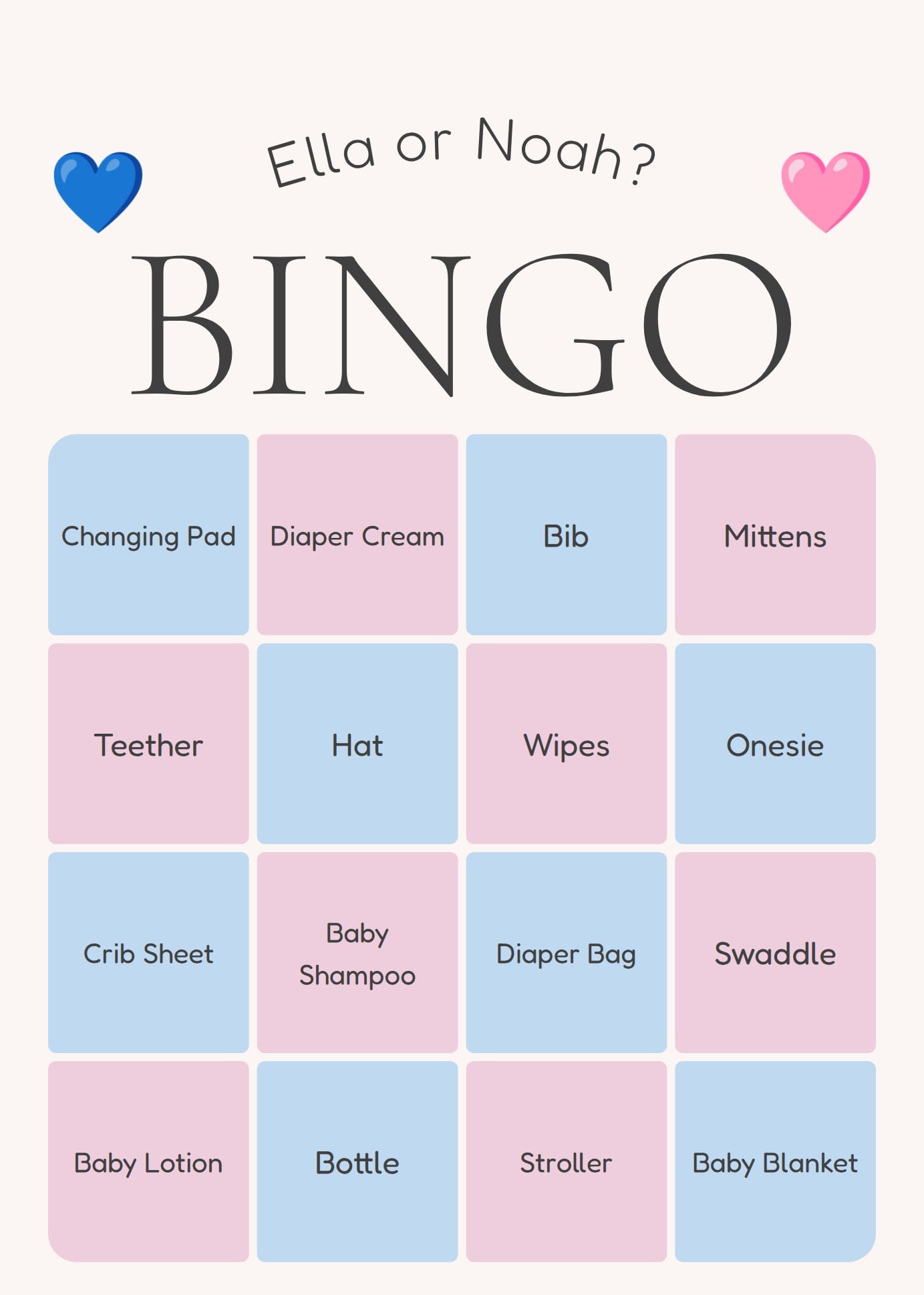 Classic blue and pink bingo card for a gender reveal party