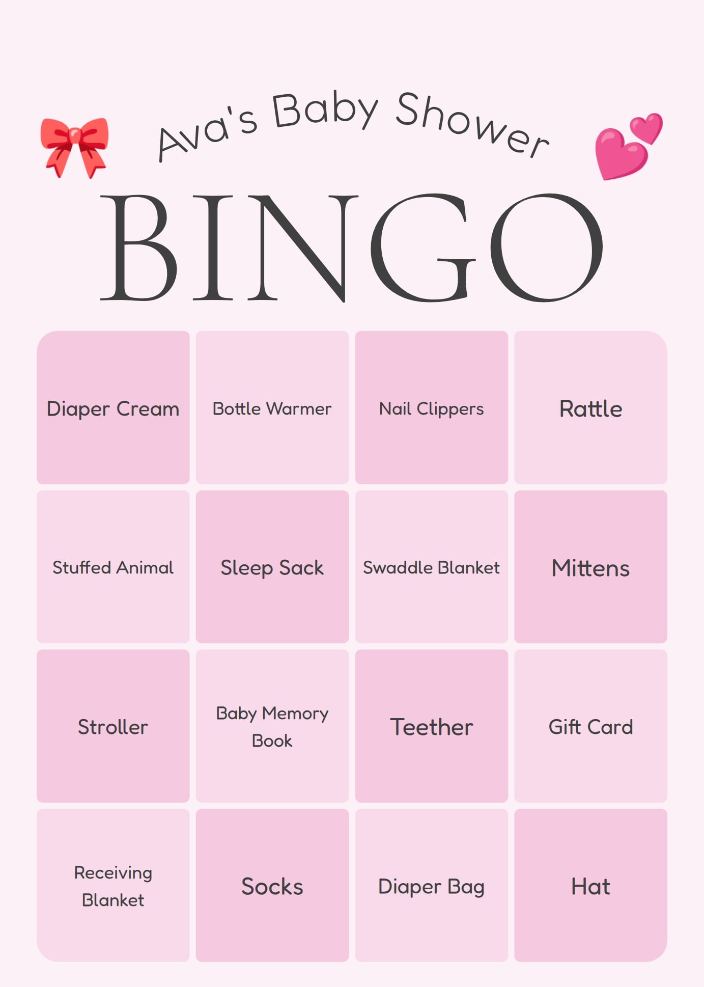 Printable baby shower gift bingo card filled with popular baby gifts