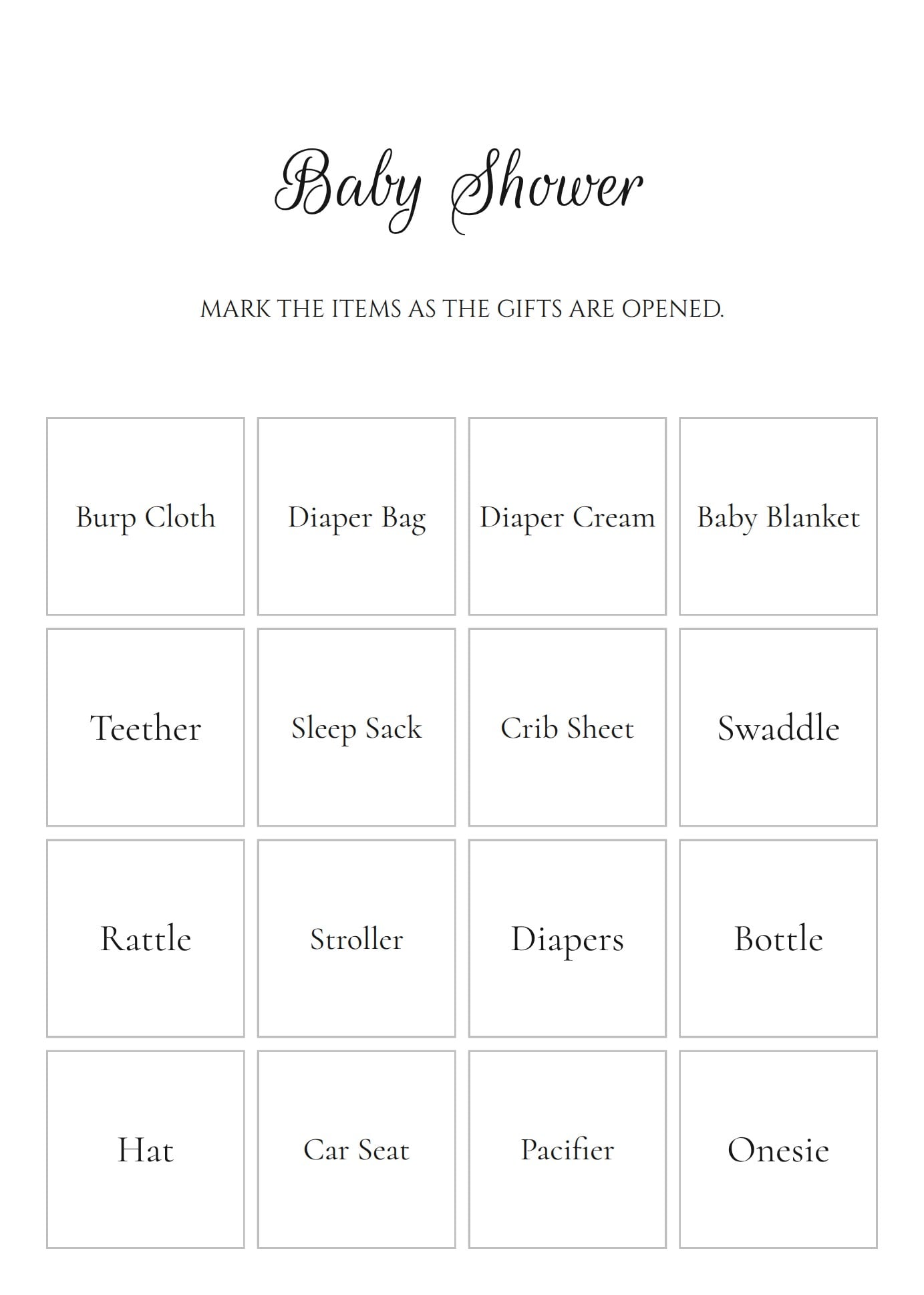 Modern baby shower bingo card