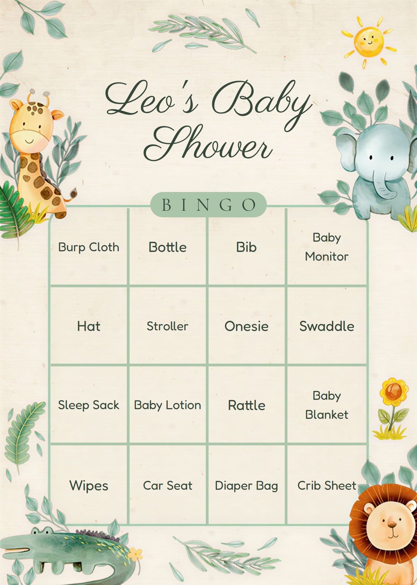 Safari baby shower bingo card