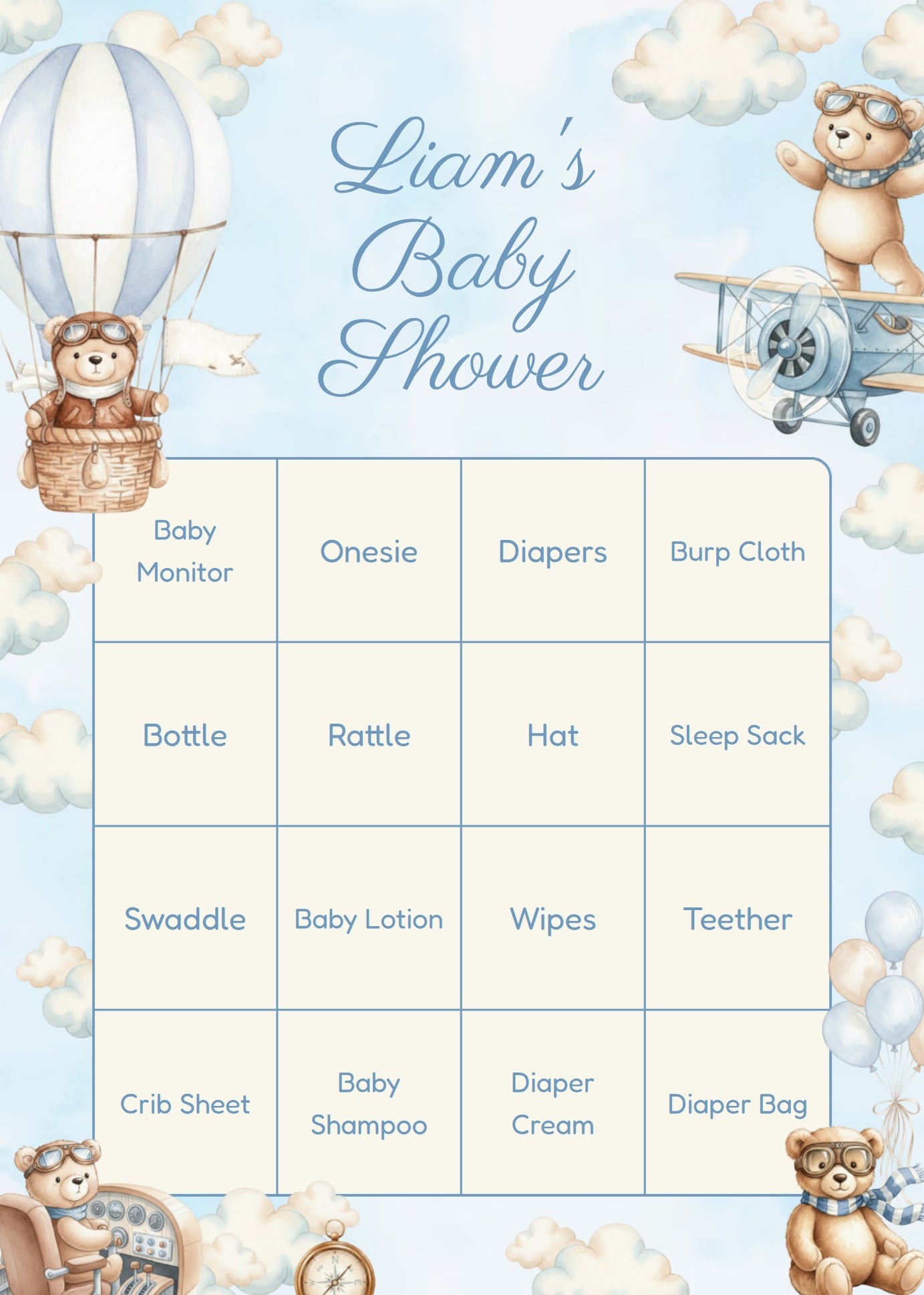 Teddy Bear baby shower bingo card